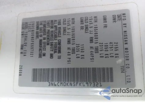 2015 Nissan Nv200 S из США, поврежденный, VIN 3N6CM0KN5FK697321